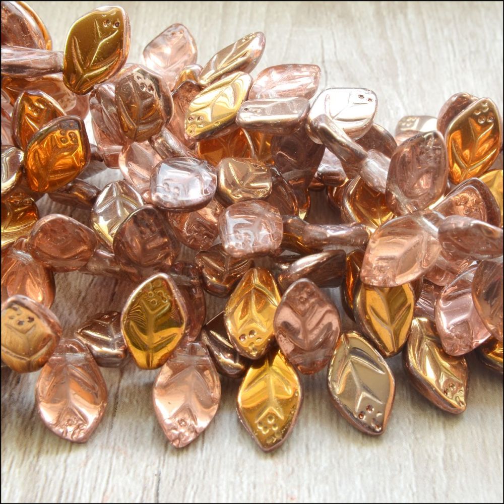 12mm Czech Glass Pressed Leaf Beads Pink & Gold Mix