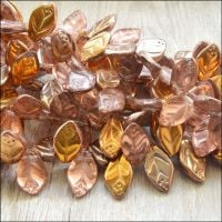 12mm Czech Glass Pressed Leaf Beads Pink & Gold Mix