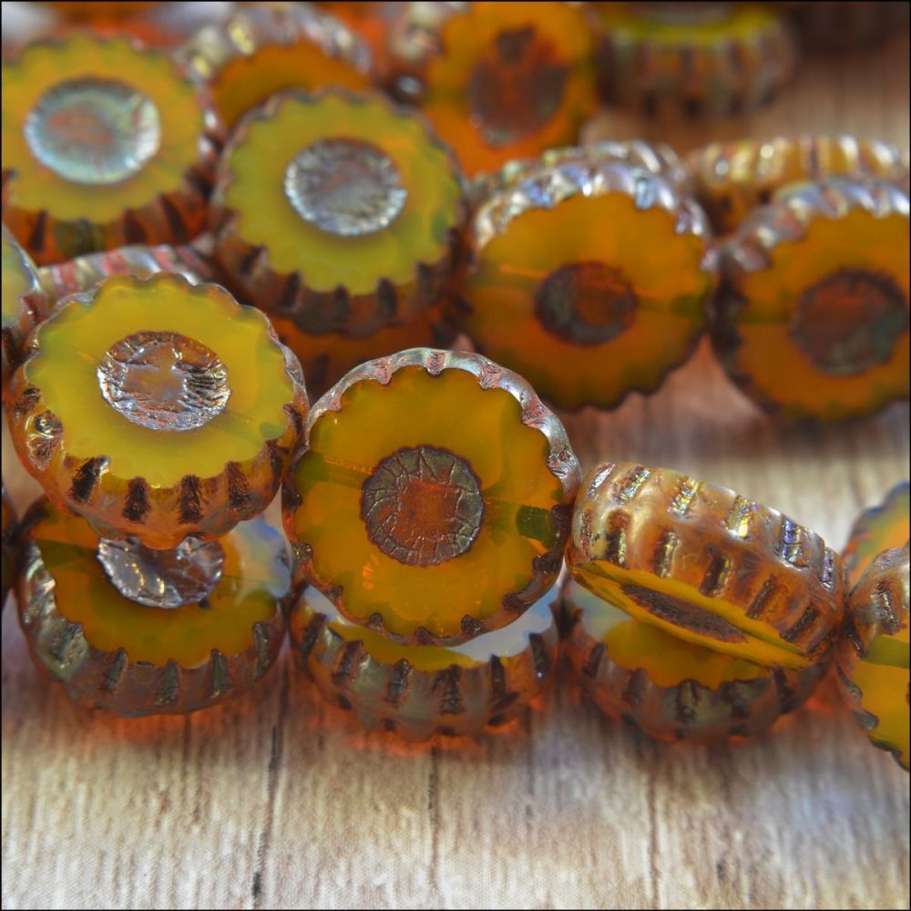 12mm Czech Glass Picasso Table Cut  Flower Beads -  Old Gold