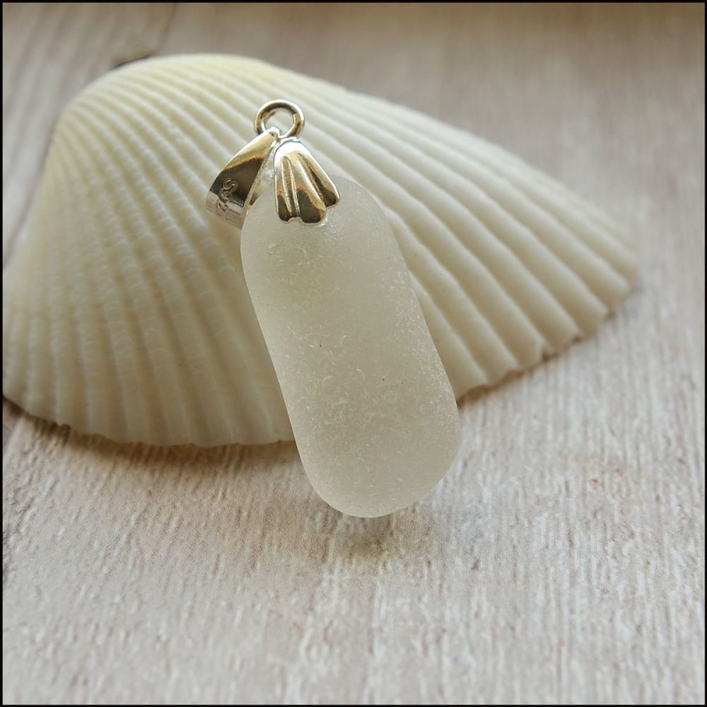 White Sea Glass  With sterling Silver Bail