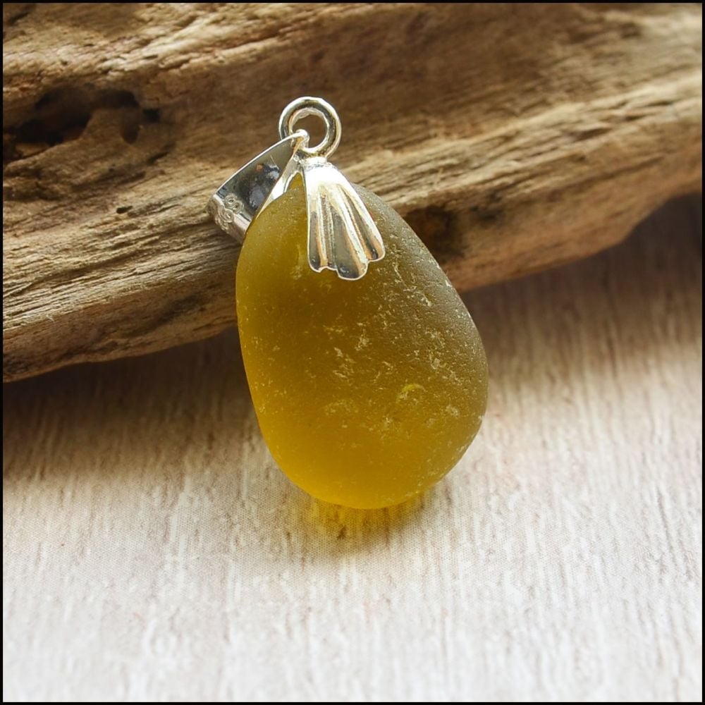 Honey Amber Cornish Sea Glass Pendant With Sterling Silver Bail