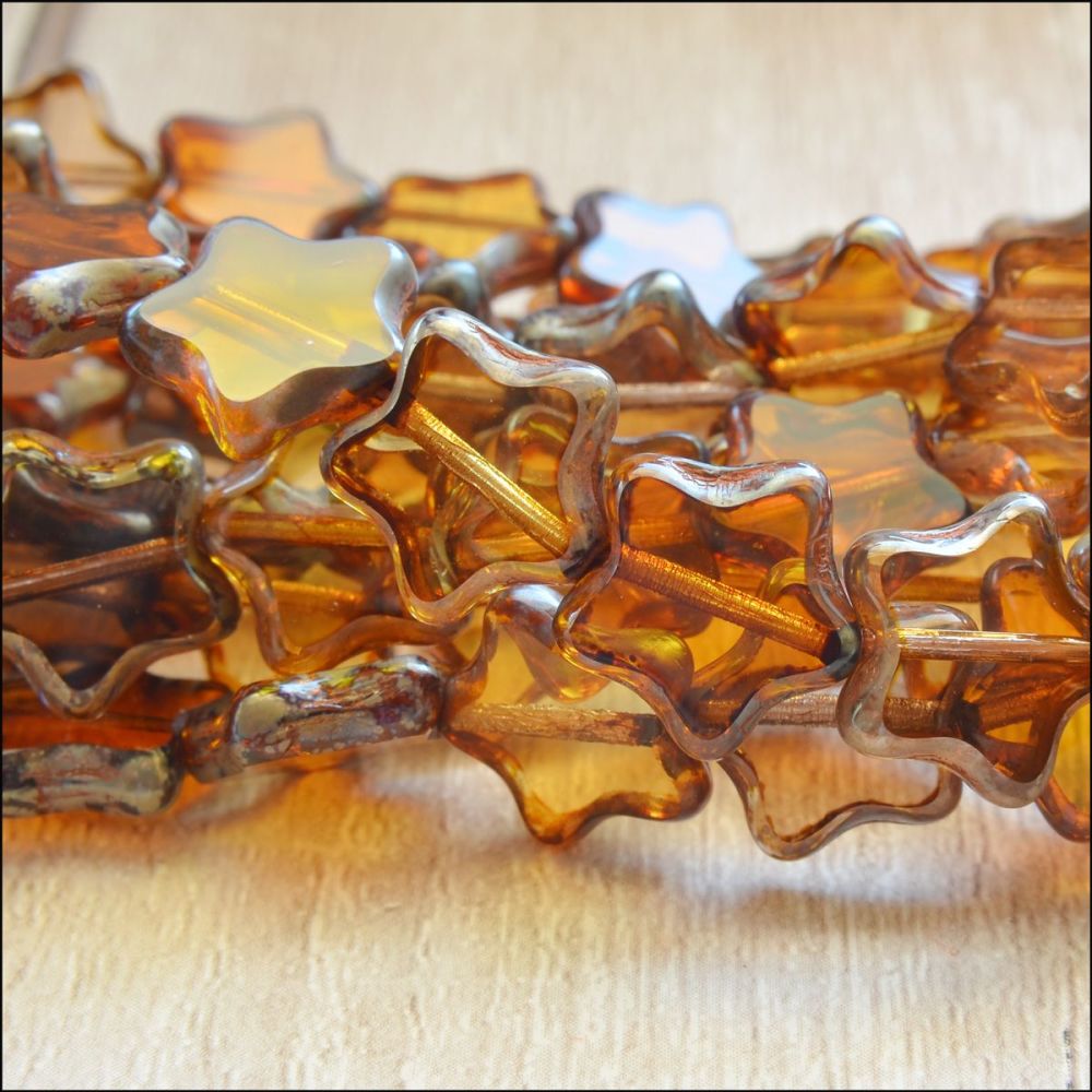 12mm Czech Glass Table Cut Star Beads  Brown Mix