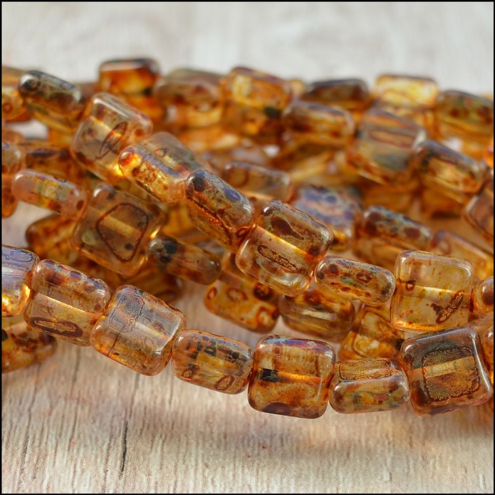 10mm Czech Glass Flat Square Beads -Clear Brown Picasso