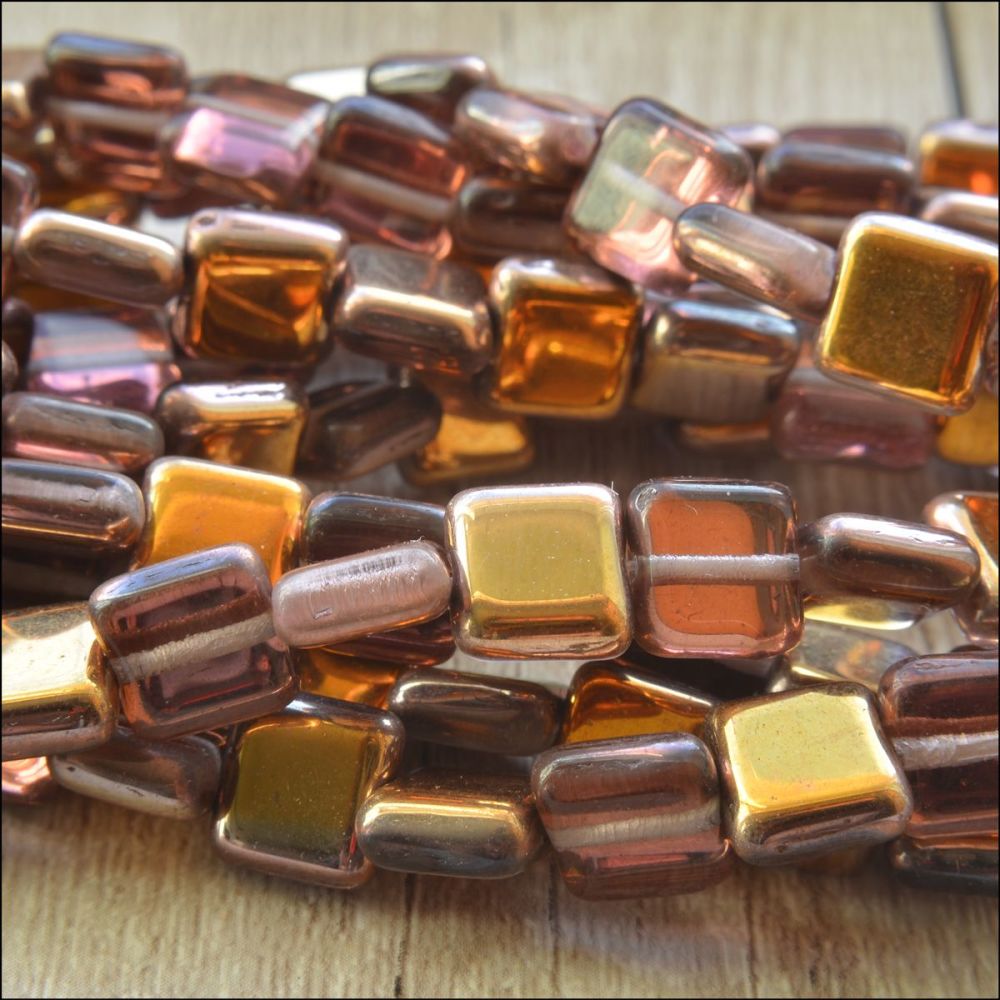 10mm Czech Glass Flat Square Beads - Purple & Gold LIght