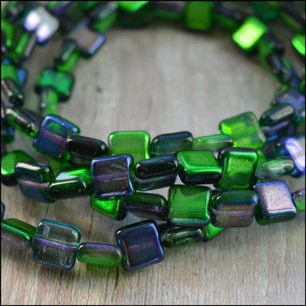 10mm Czech Glass Flat Square Beads - Purple & Green