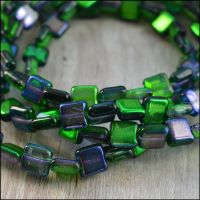 8mm Czech Glass Flat Square Beads - Purple & Green