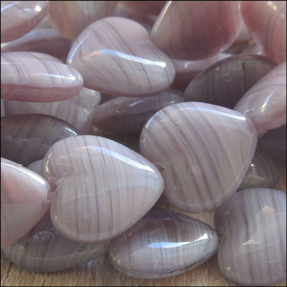 Purple Striped Czech Glass Pressed Heart Beads 15mm