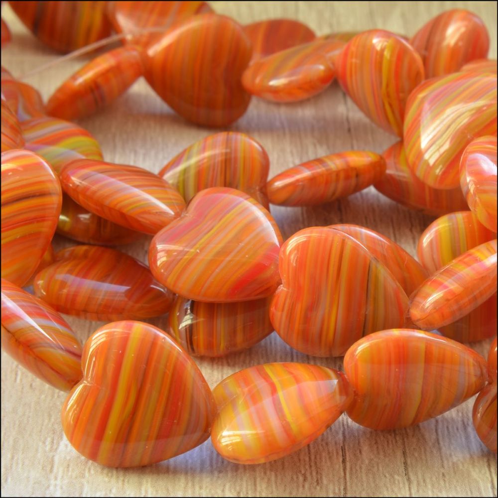 Orange Striped Czech Glass Pressed Heart Beads 15mm
