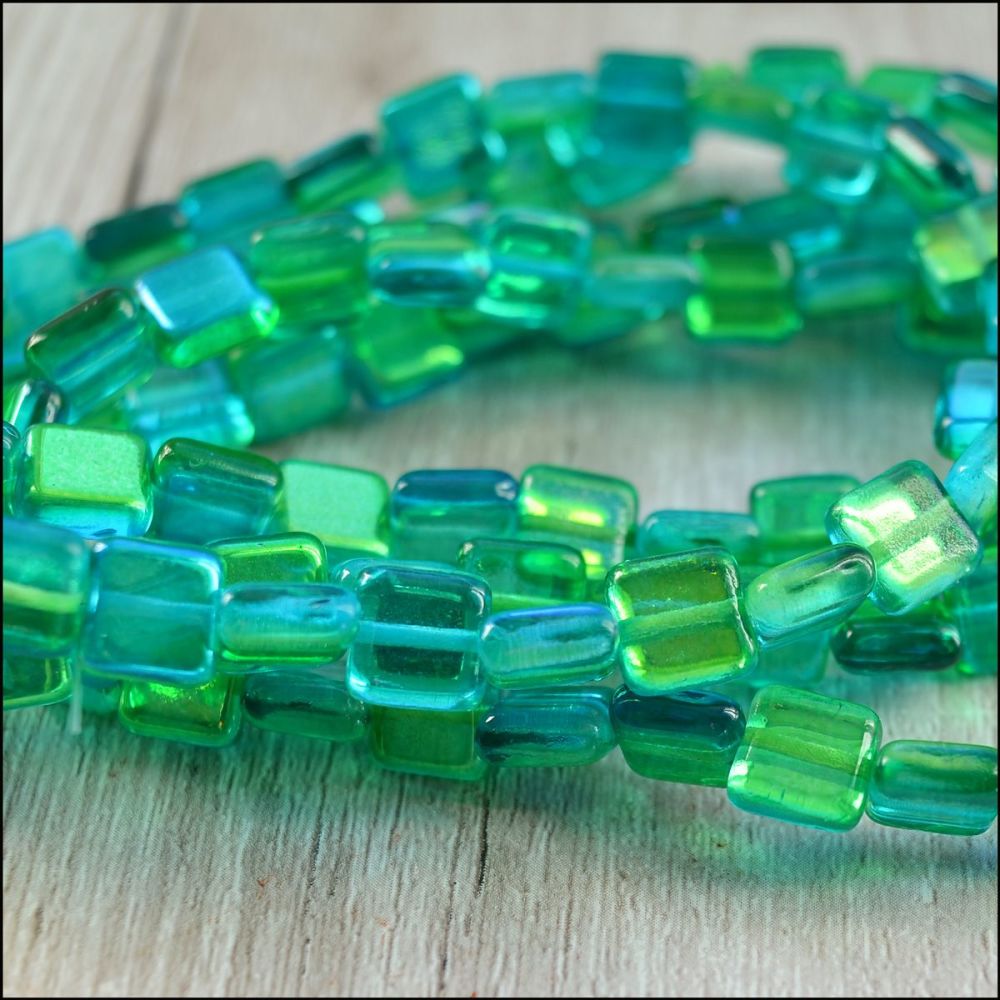 10mm Czech Glass Flat Square Beads - Turquoise & Green