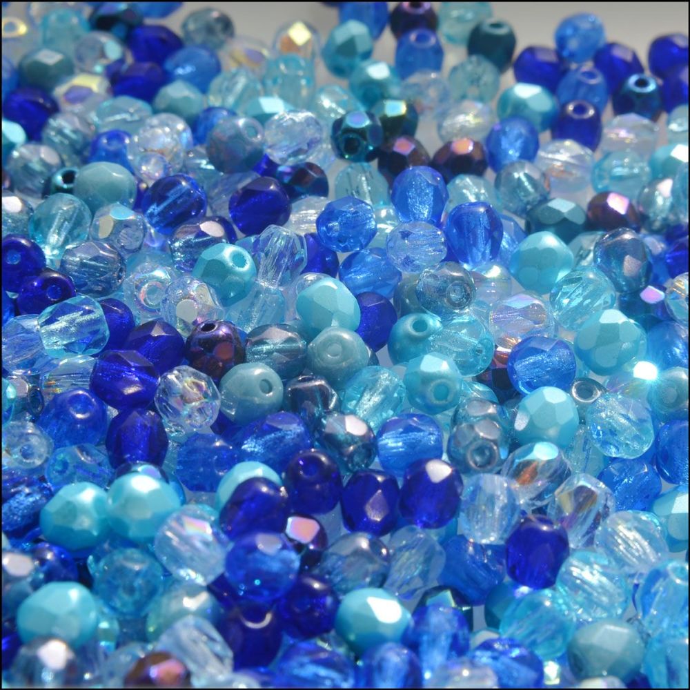 Czech Glass Faceted Fire Polished Beads 4mm Mixed Blues