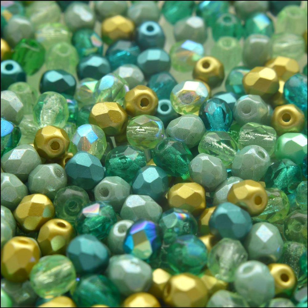 Czech Glass Faceted Fire Polished Beads 4mm Mixed Greens