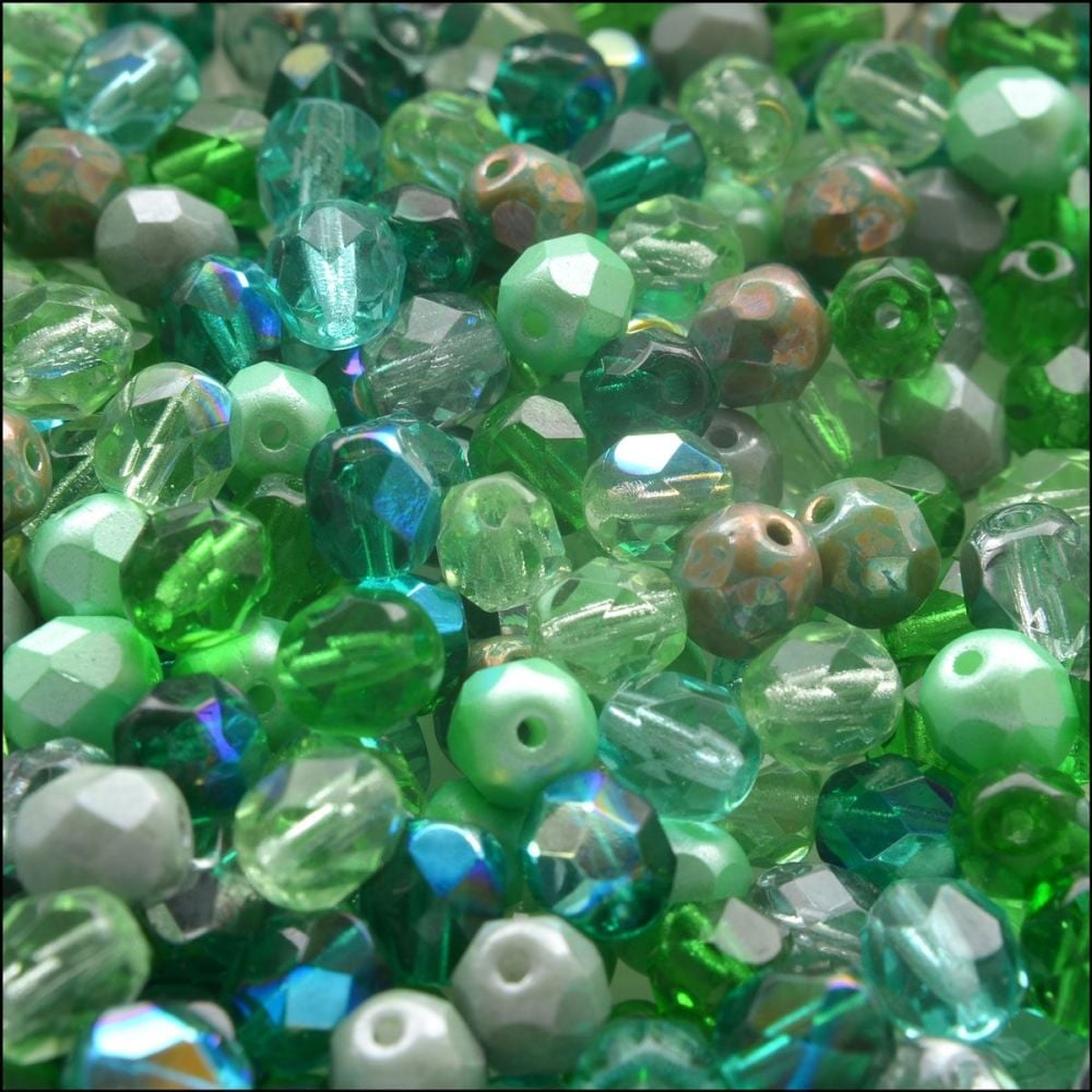Czech Glass Faceted Fire Polished Beads 6mm Mixed Greens