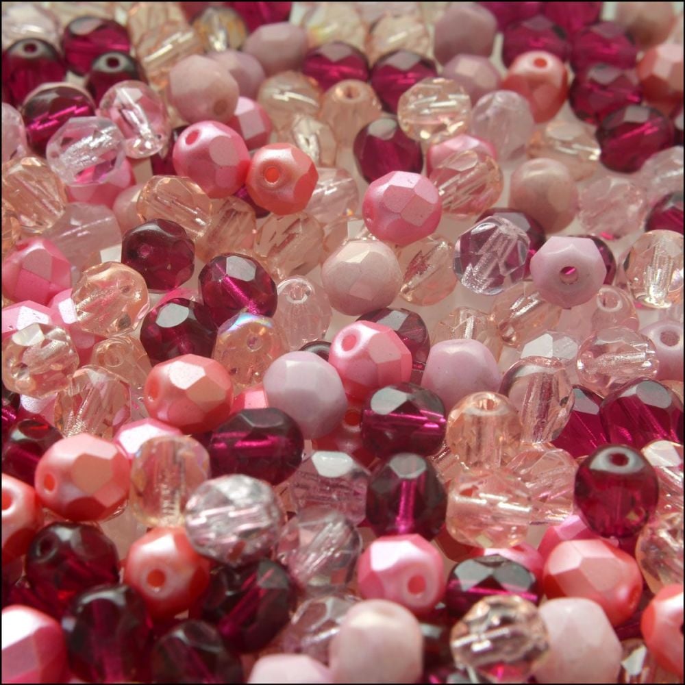 Czech Glass Faceted Fire Polished Beads 6mm Mixed Pinks