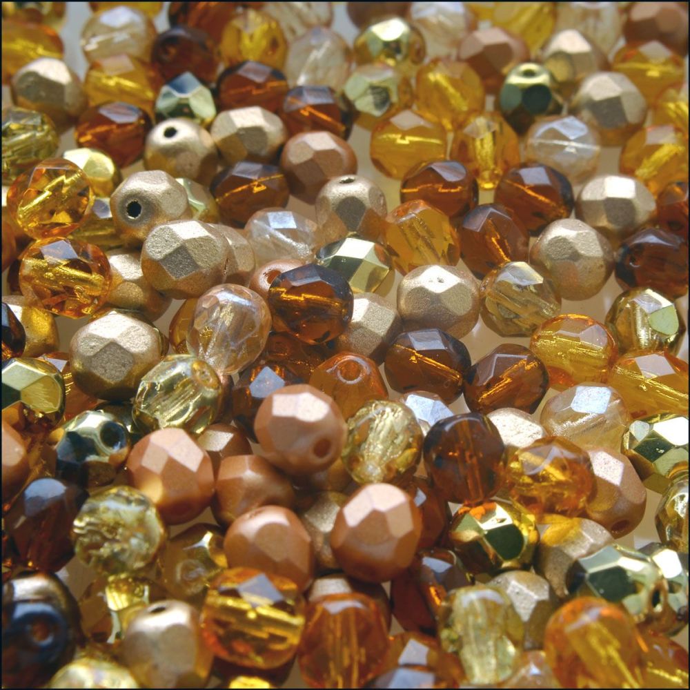 Czech Glass Faceted Fire Polished Beads 6mm Mixed Gold