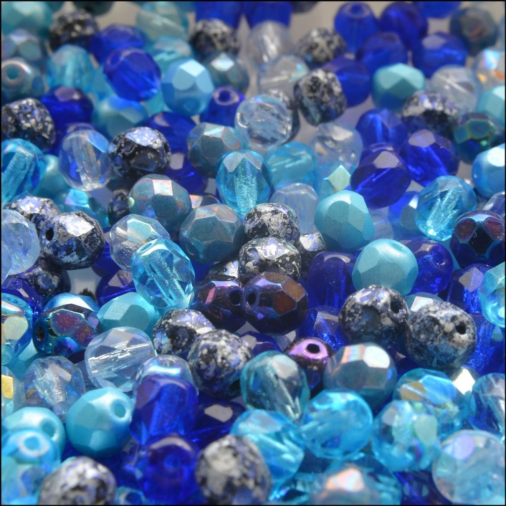 Czech Glass Faceted Fire Polished Beads 6mm Mixed Blues