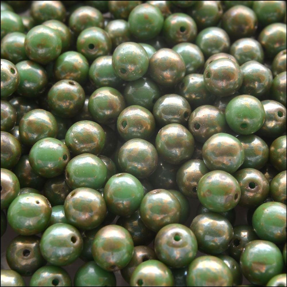6mm Czech Round Pressed Glass Beads - Opaque Turquoise Green Picasso