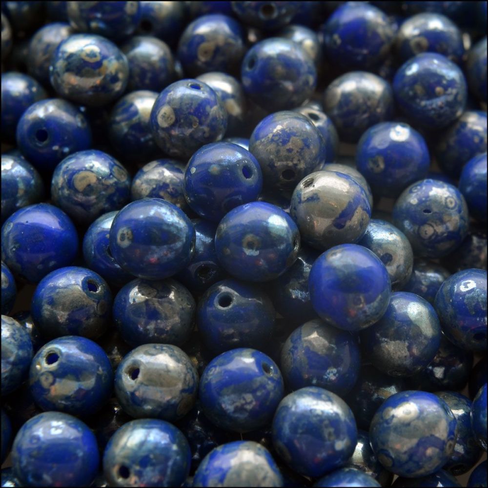 6mm Czech Round Pressed Glass Beads - Opaque Blue Picasso
