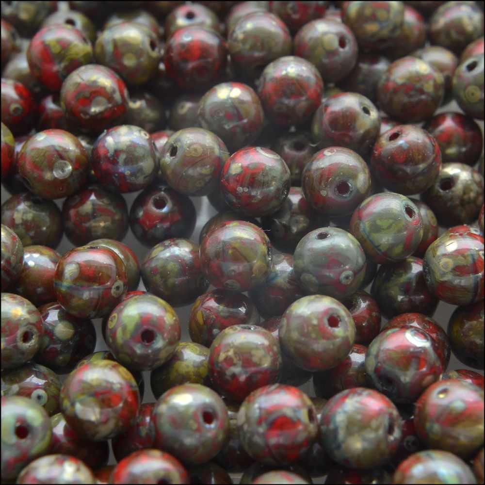 6mm Czech Round Pressed Glass Beads - Opaque Coral Red Picasso