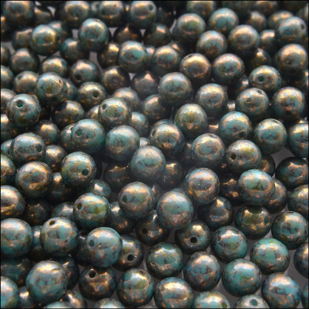 6mm Czech Round Pressed Glass Beads - Persian Turquoise Bronze Picasso