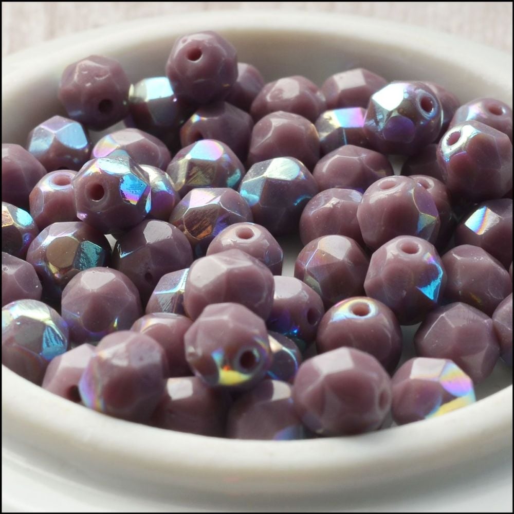 Czech Glass Faceted Fire Polished Beads 6mm Opaque Heather AB