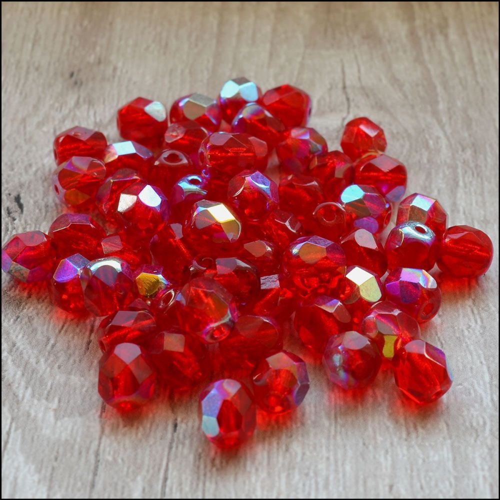 Czech Glass Faceted Fire Polished Beads 6mm Siam Ruby AB