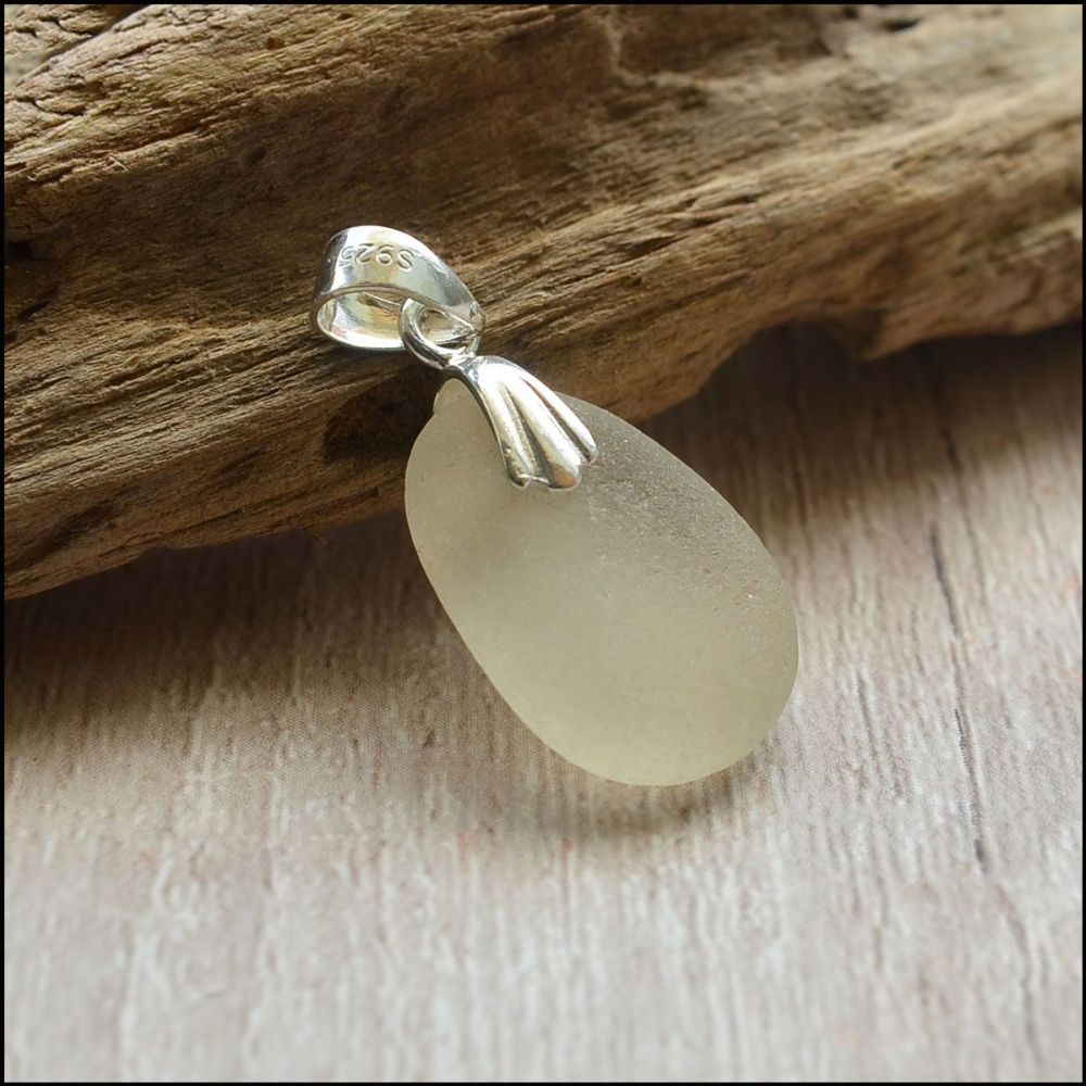White  Oval Sea Glass Pendant With sterling Silver Bail
