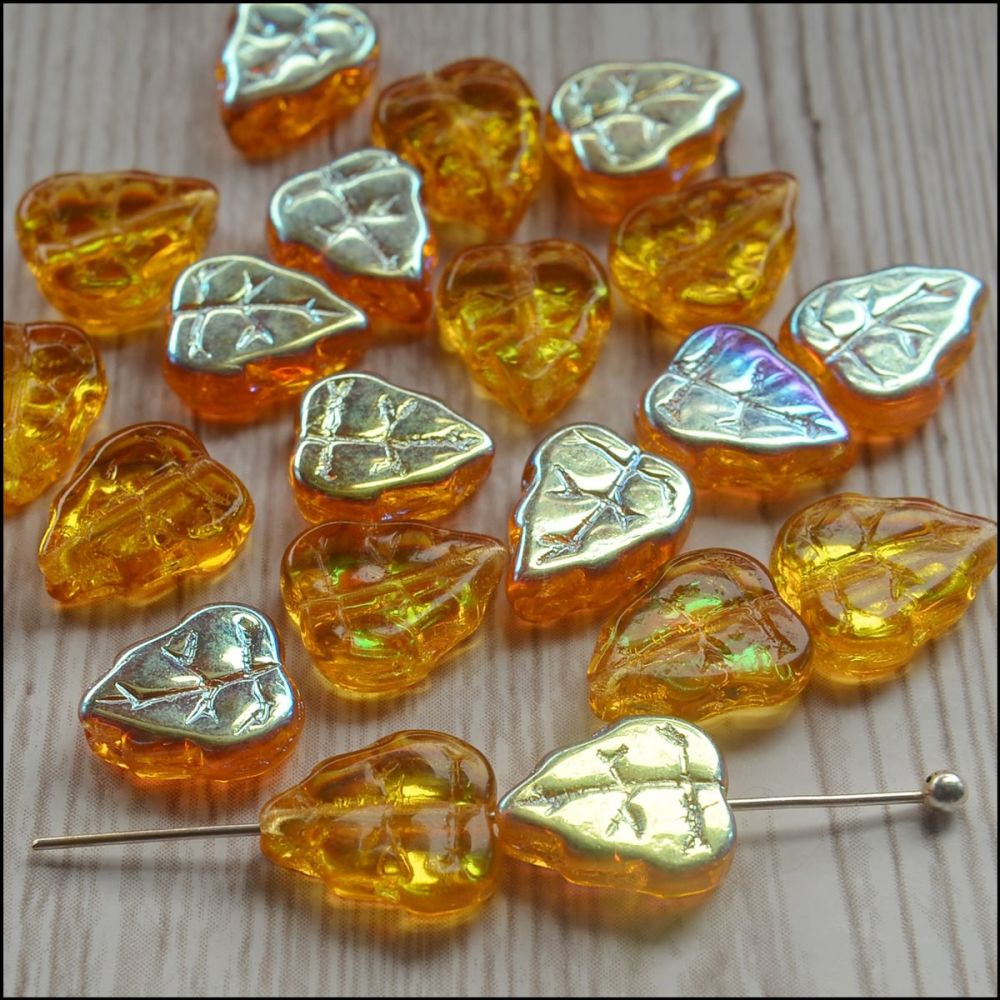 Czech Glass Pressed Leaf  Beads - Topaz AB