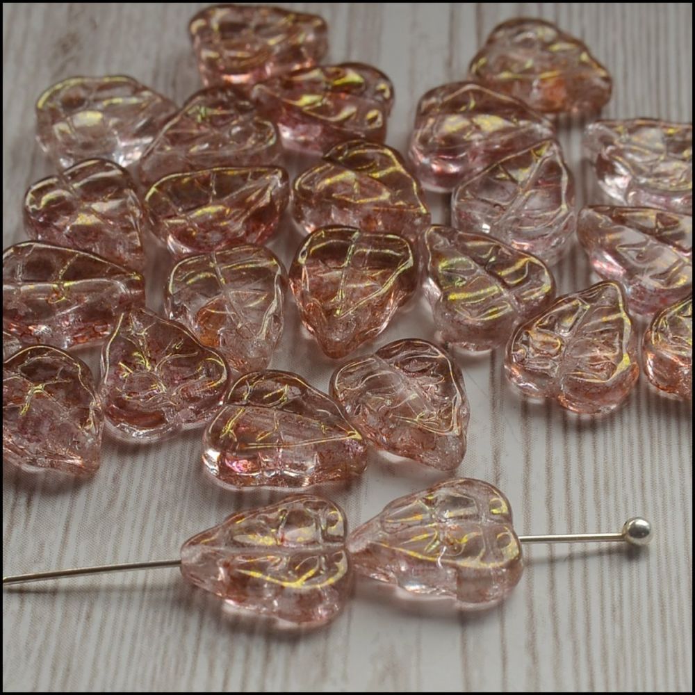 Czech Glass Pressed Leaf  Beads - Topaz Pink Lustre