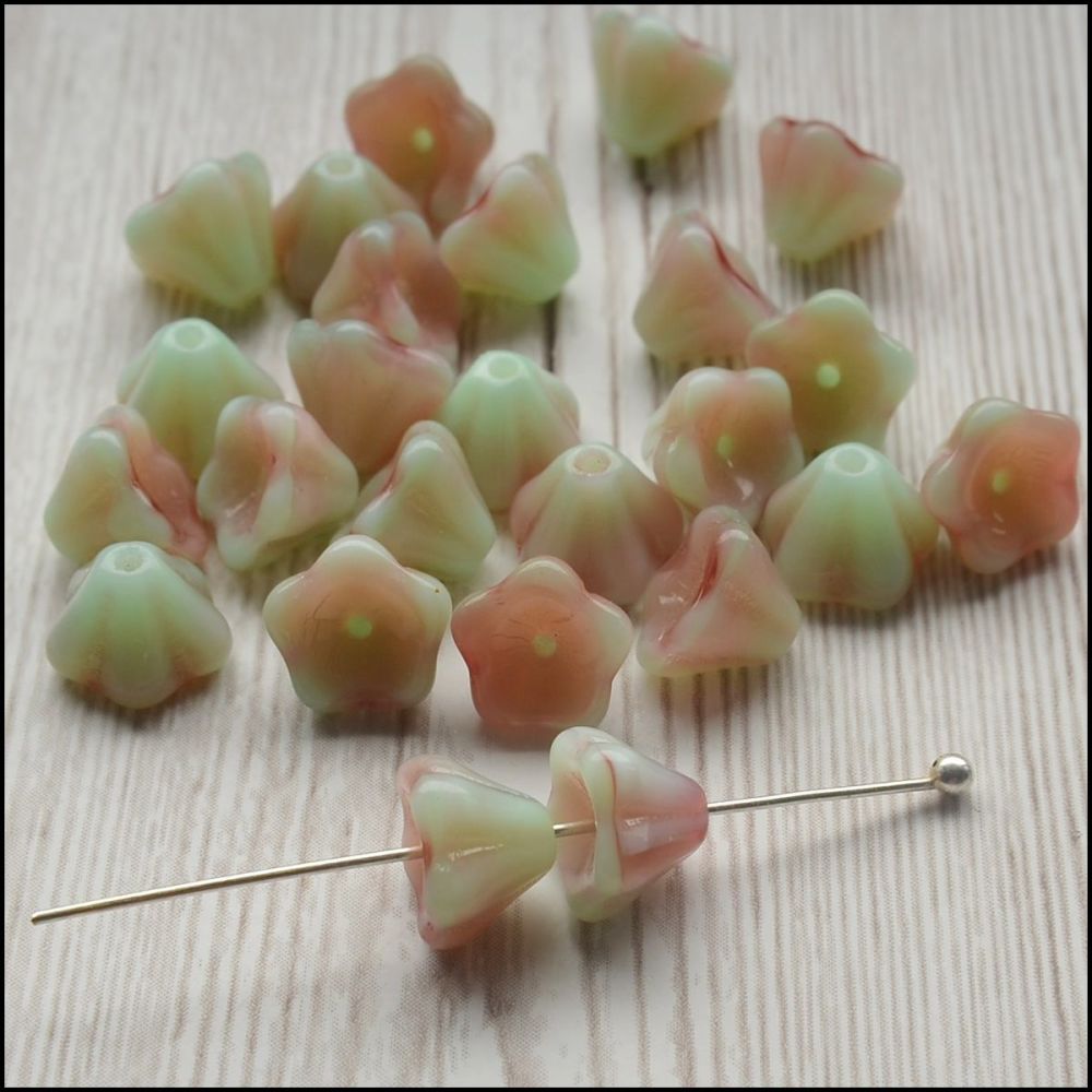 Czech Glass Bell Flower Beads 8mm x 6mm Pistachio Raspberry Swirl