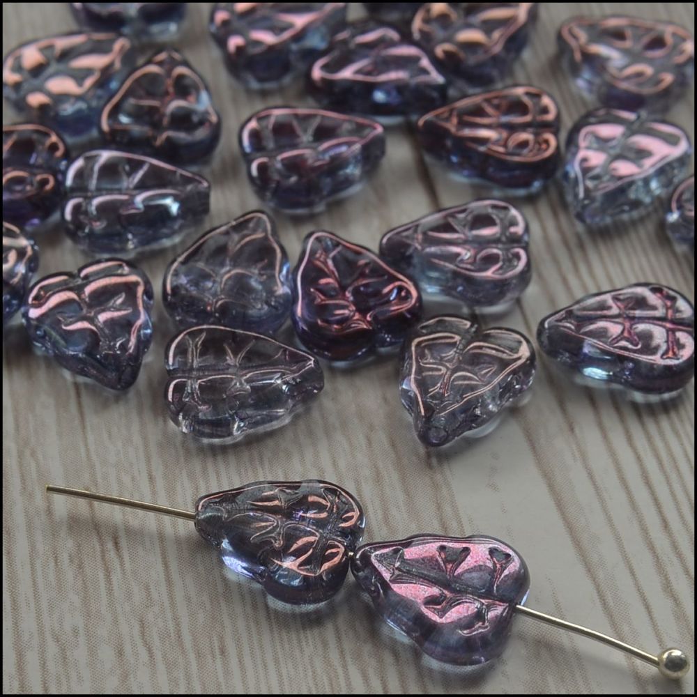 Czech Glass Pressed Leaf  Beads - Transparent Amethyst Lustre