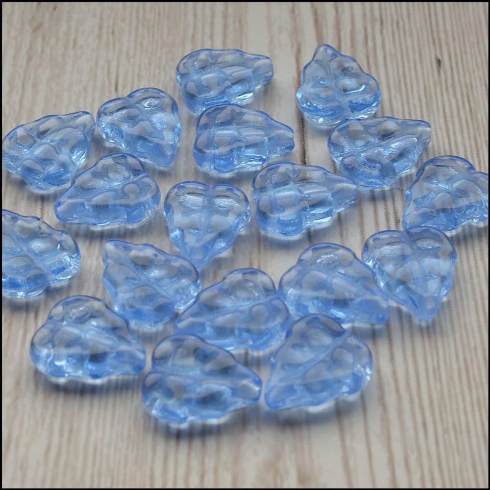 Czech Glass Pressed Leaf Shaped Beads - Transparent Sapphire (20 Pcs)