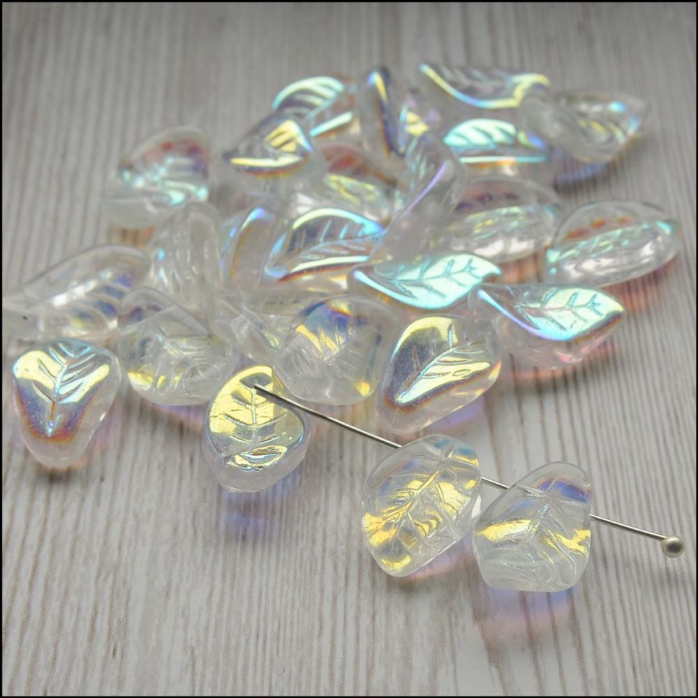 Czech Glass Pressed Curved Leaf Shaped Beads - Crystal AB