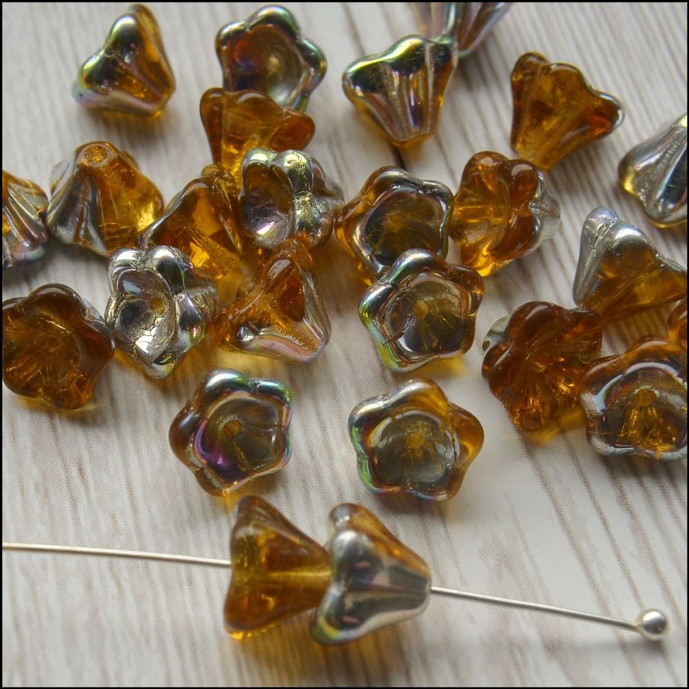 Czech Glass Bell Flower Beads, 8mm x 6mm, Vitral Topaz