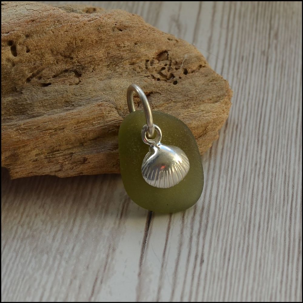 Olive Green  Sea Glass Pendant With Sterling Silver Jump Ring & Shell charm