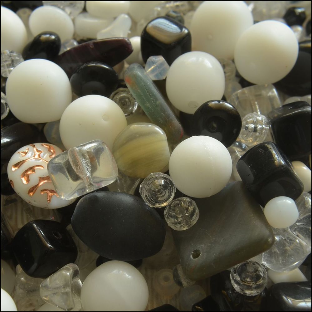Czech Glass Mixed Beads  100G - BLACK & WHITE