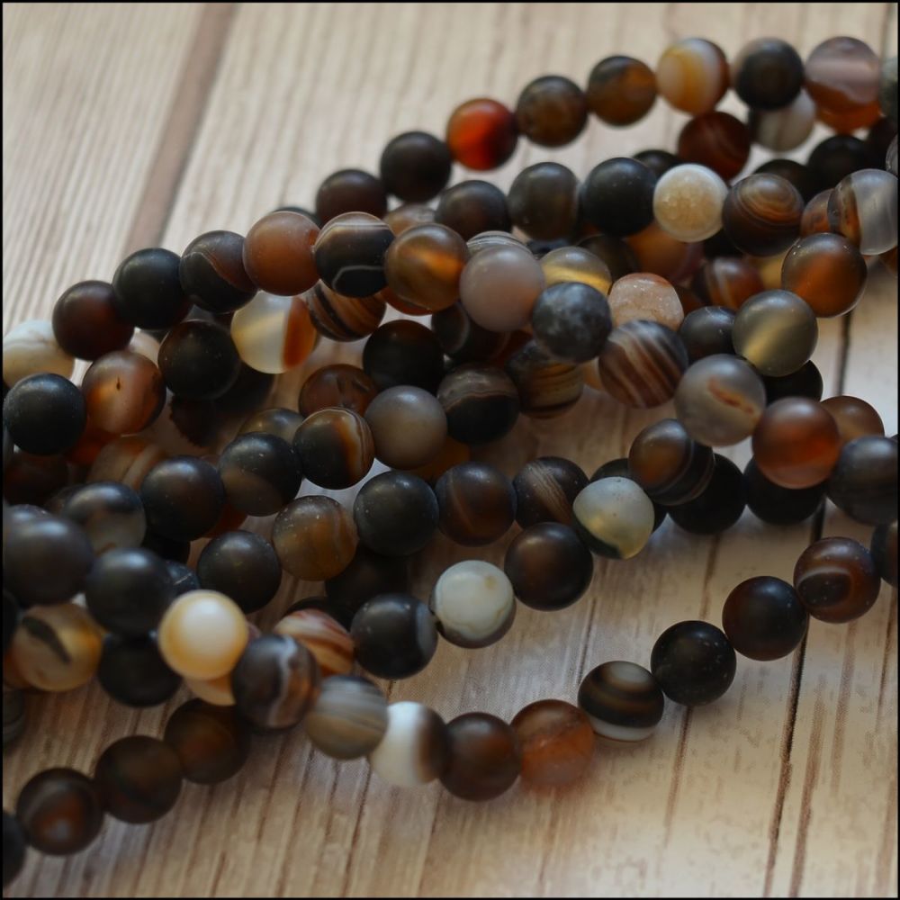 6mm Brown Frosted Banded Agate Plain Round Beads