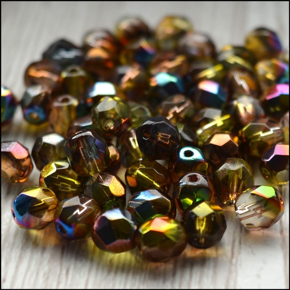 Czech Glass Faceted Fire Polished Beads 6mm Magic Green. PK 50