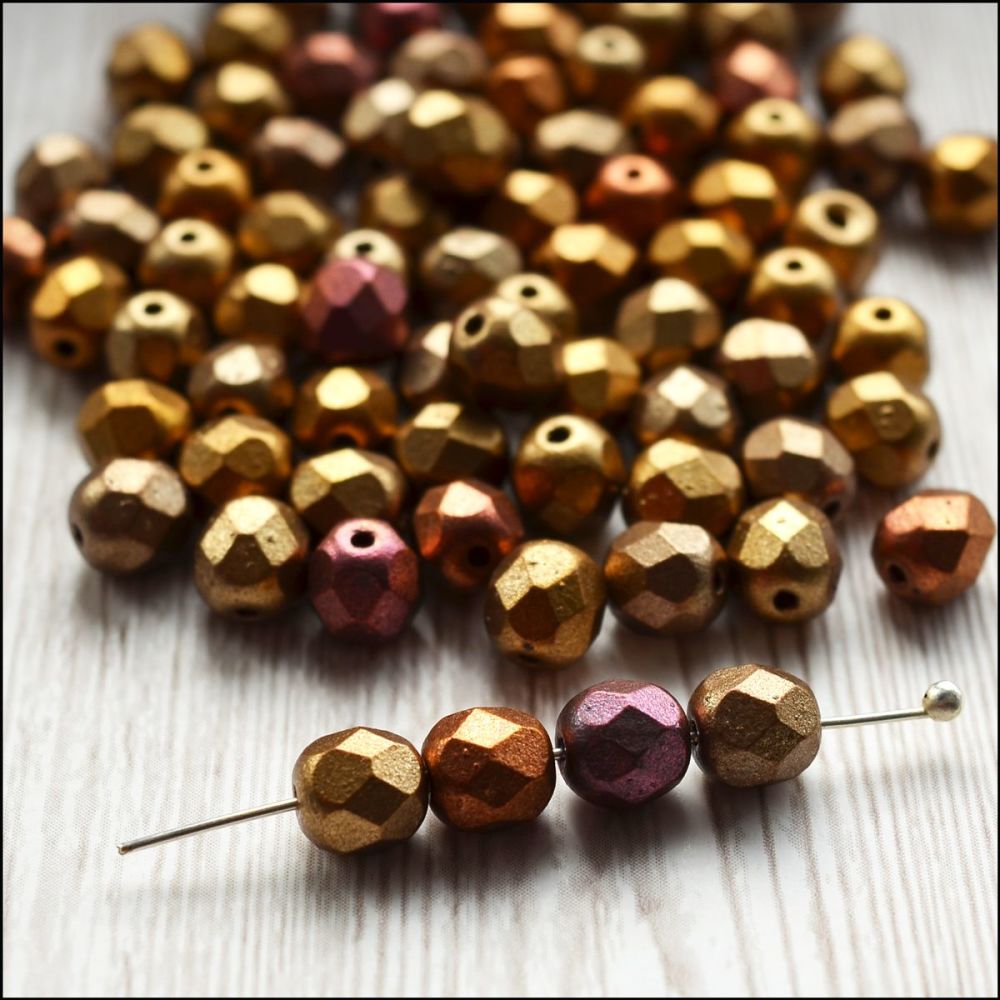 6mm Czech Glass Faceted Fire Polished Beads - Crystal Gold Rainbow