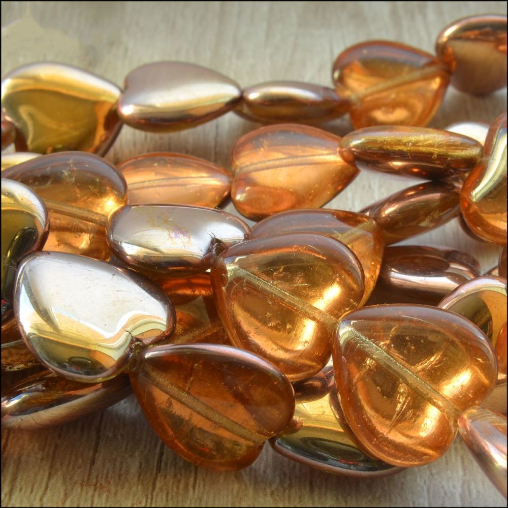 Gold Czech Glass Pressed Heart Beads 15mm