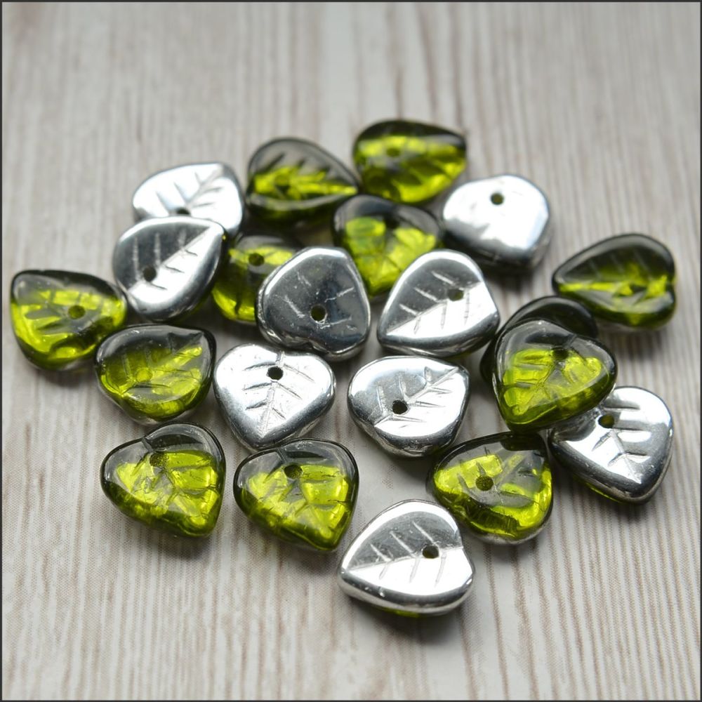 Czech Glass Pressed Leaf Beads 9mm (50 pcs) - Green & Silver