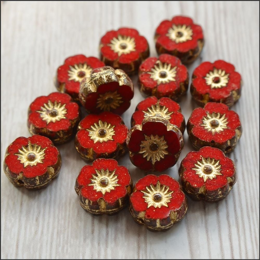 Mini Czech Table Cut Picasso Flower Beads - Red- 8mm