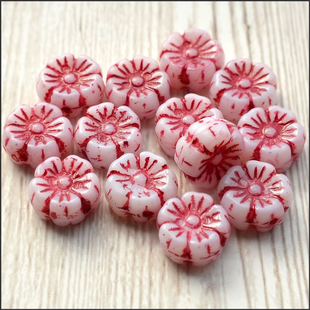Czech Glass Hawaiian Flower Beads 10mm - Red & White
