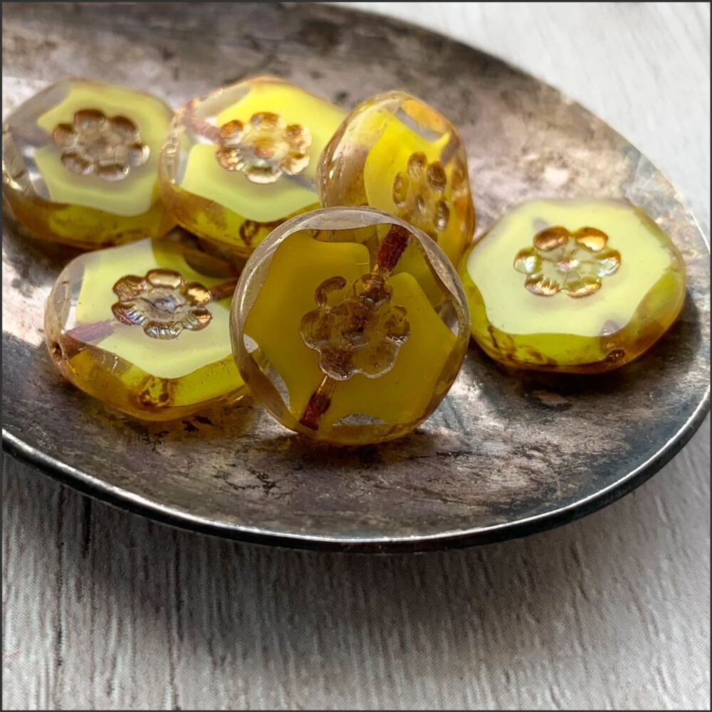 Czech Glass  Marbled Flower Coin Beads 15mm Yellow