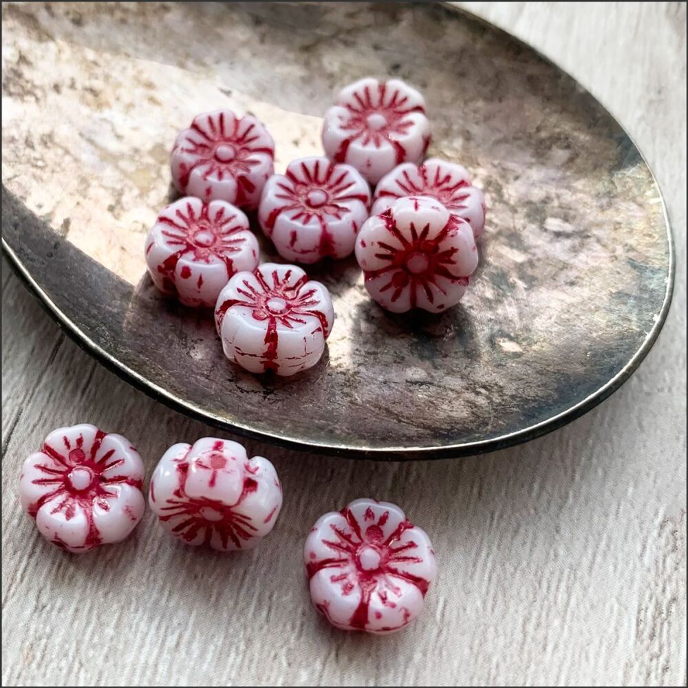 Czech Glass Hawaiian Flower Beads 10mm - Red & White