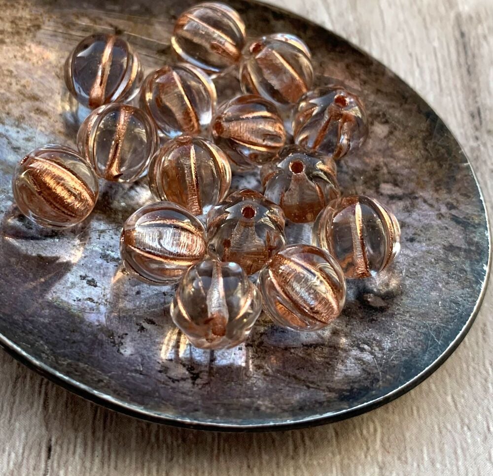 8mm Czech Glass Copper Lined Clear Melon Beads
