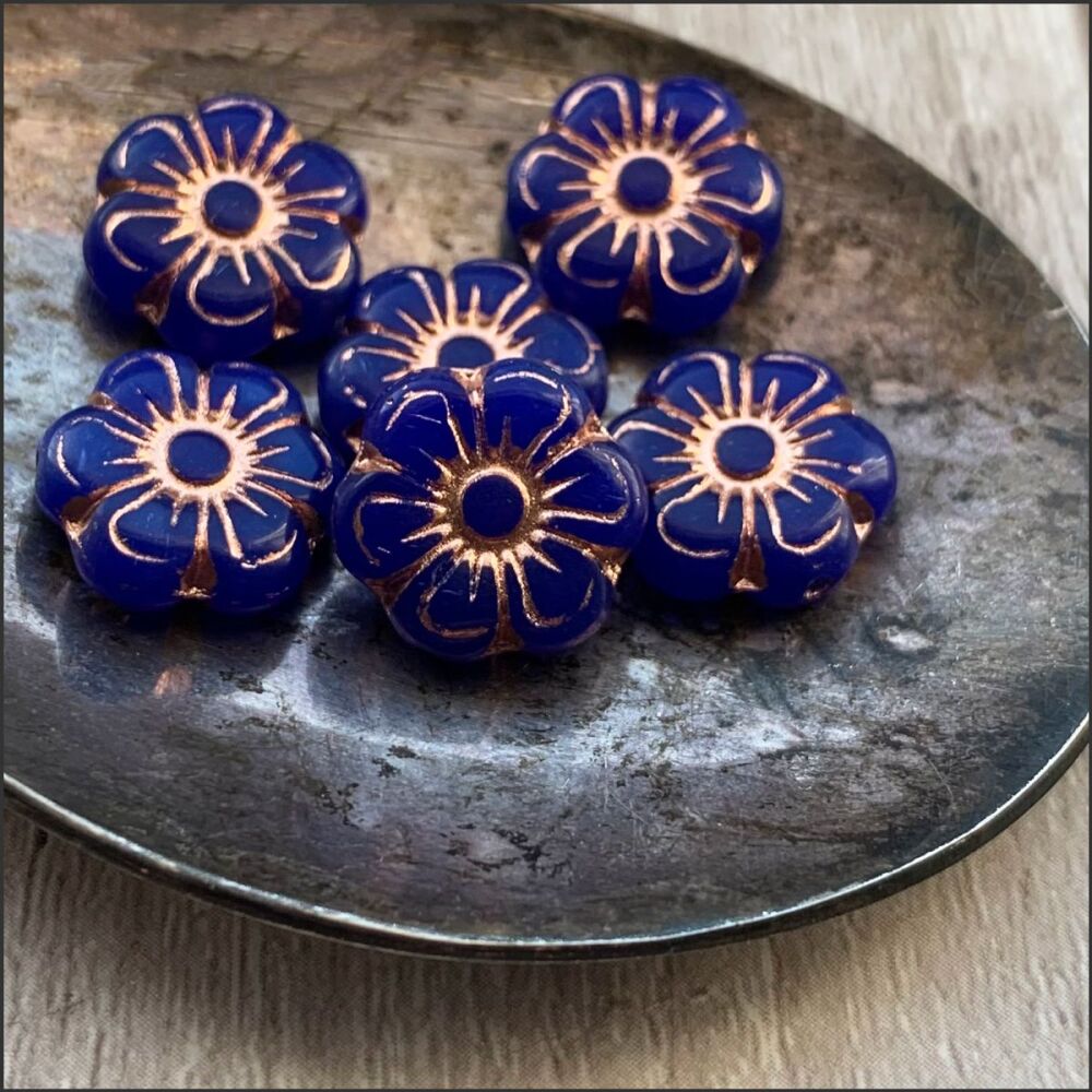 13mm Czech Glass Pressed  Flower Beads -  Blue & Copper