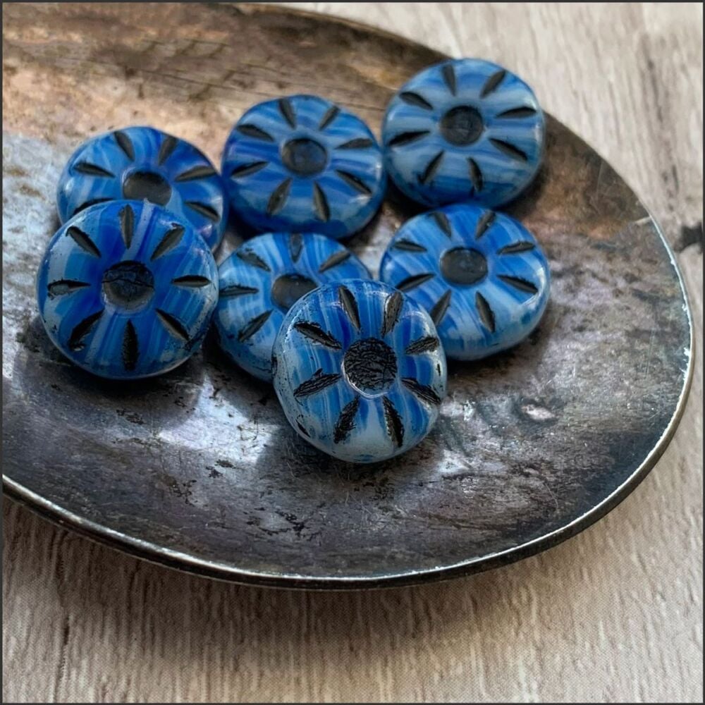 12mm Czech Glass Pressed Daisy Flower Beads -  Blue Marble