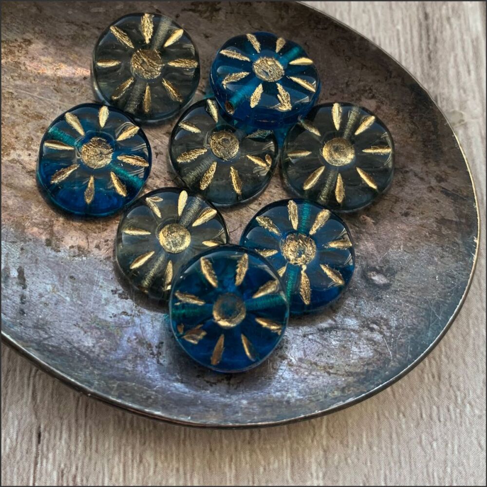 12mm Czech Glass Pressed Daisy Flower Beads -  Blue Mix
