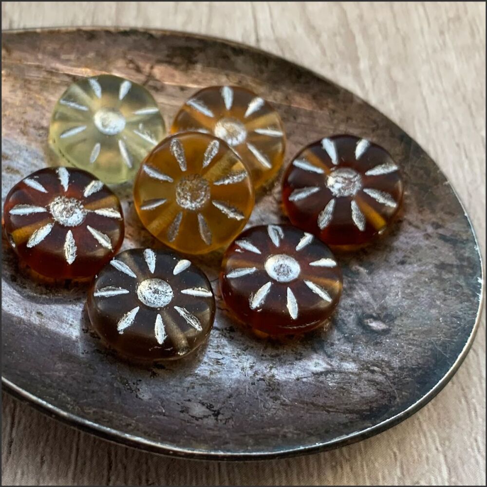 12mm Czech Glass Pressed Daisy Flower Beads -  Brown Mix