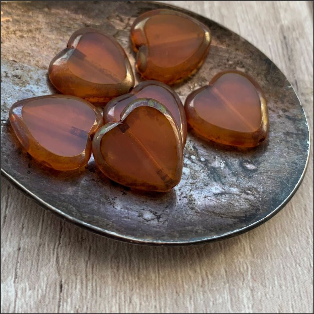 Czech Glass Picasso Table Cut Heart Beads Opaque Orange